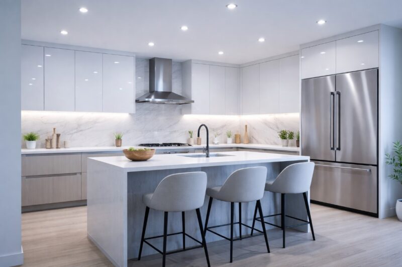 Savremena kuhinja u sivim i belim tonovima sa hladnim LED osvetljenjem, kuhinjskim ostrvom i modernim aparatima