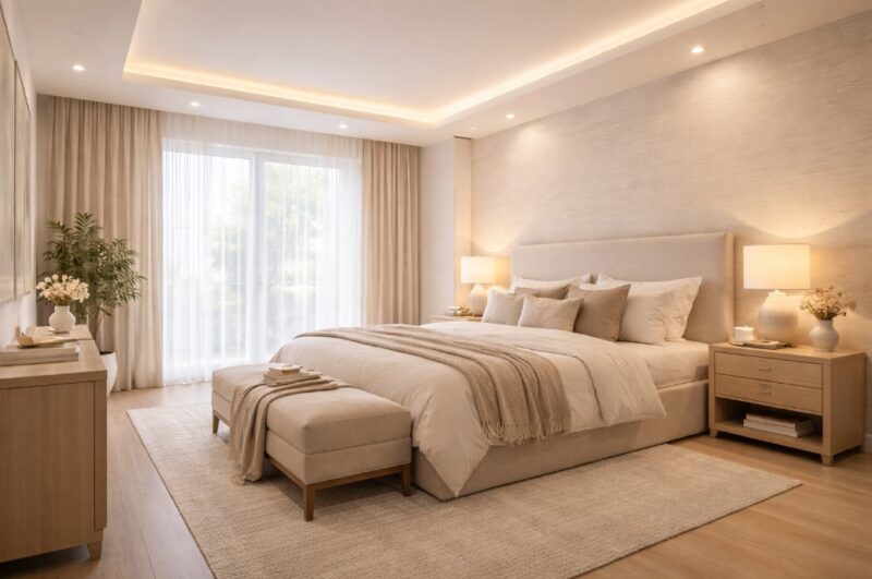 Prostrana spavaća soba u neutralnim tonovima sa toplim ambijentalnim osvetljenjem, velikim krevetom i drvenim nameštajem