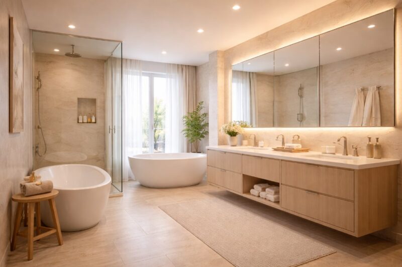 Veliko kupatilo sa kadom, tuš kabinom i toplim LED osvetljenjem u bež i prirodnim tonovima